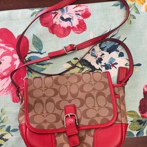 Coach Red and Brown Crossbody Bag with Signature Pattern
